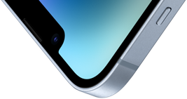 Viršutinis kairysis „iPhone 14“ kampas su „Ceramic Shield“.
