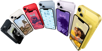 Šešių skirtingų spalvų priekinė ir galinė „iPhone 14“ pusės – vidurnakčio, žvaigždžių šviesos, PRODUCT(RED), mėlynos, violetinės ir geltonos spalvos.